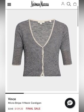 Vince Navy and Cream Micro-Stripe V-Neck Cardigan